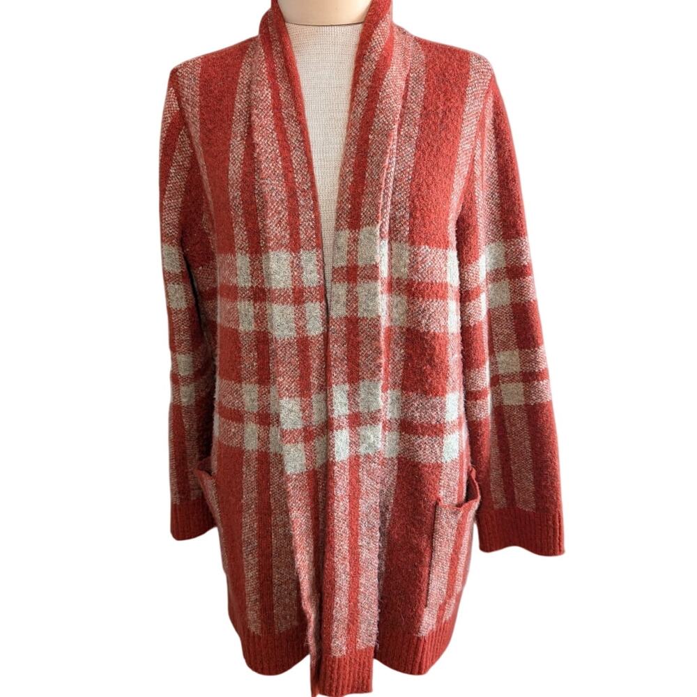 Womens Cyrus Cardigan Large Orange Cream Plaid Long Line Shawl Collar Sweater
